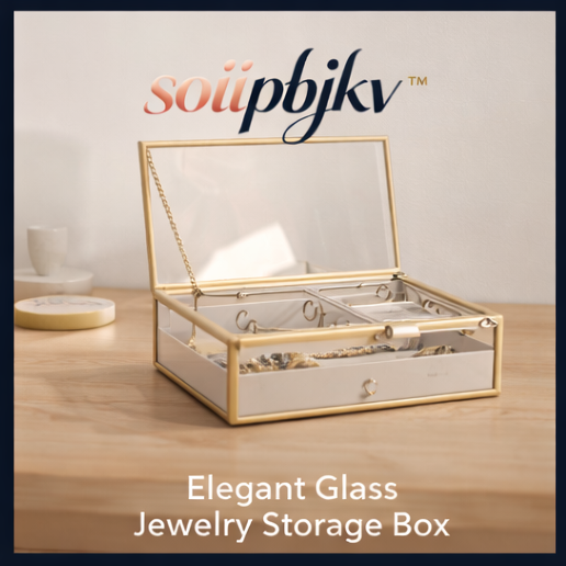 soiipbjkv™ Elegant Glass Jewelry Storage Box, glass jewelry organizer, vanity storage box, gold trim jewelry case